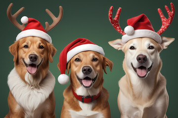 three dogs in santa claus hats