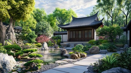 Fototapeta premium Tranquil Asian garden featuring a pond, pathways, and lush greenery for relaxation.