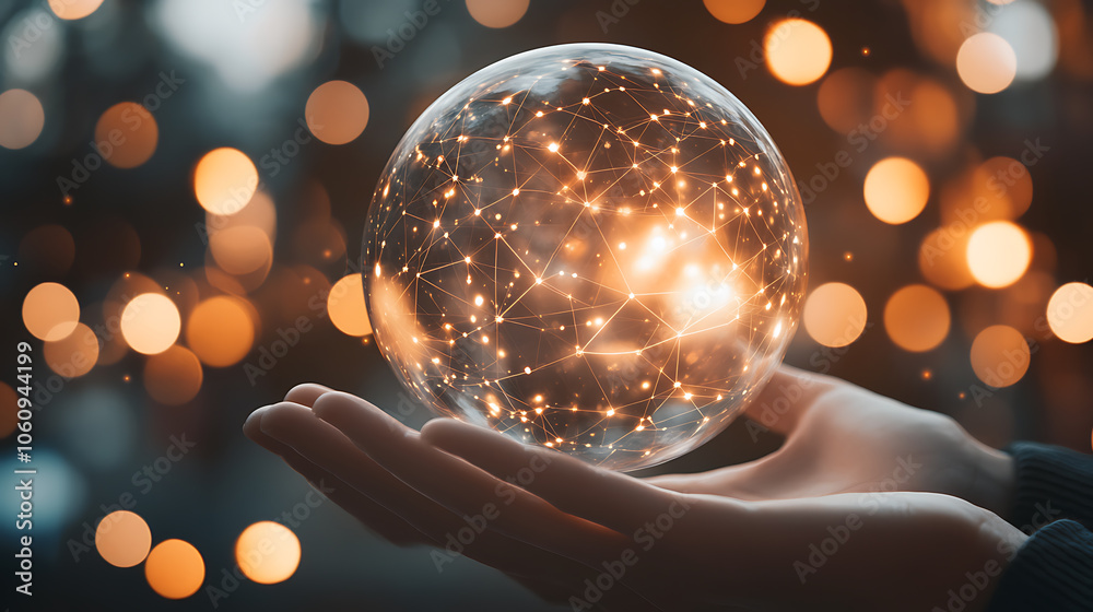 Fototapete pair of hands holding a transparent globe with digital connections and nodes superimposed over it, r