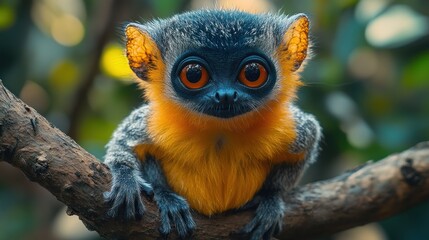 Fototapeta premium A close-up of a small monkey with large, orange eyes, blue fur, and yellow chest fur, sitting on a branch.