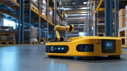 Worker adjusting robotic system, seamless warehouse automation, high-tech interior