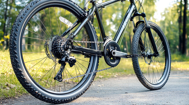Rear bicycle motor wheel integrated into mountain bike close, up from side of the brake disc
