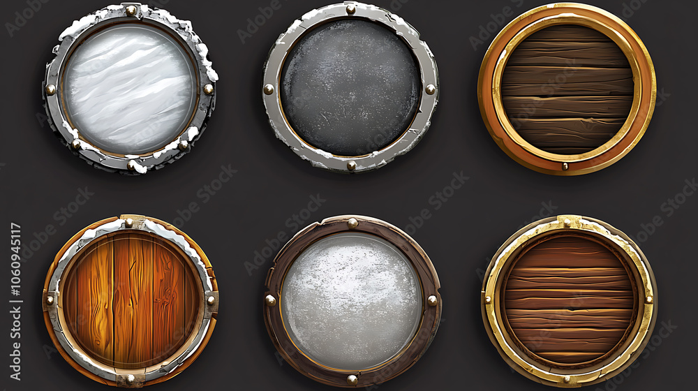Poster set of round ui game frames, textured circles made of silver, gold, metal with snow, wood or stone m