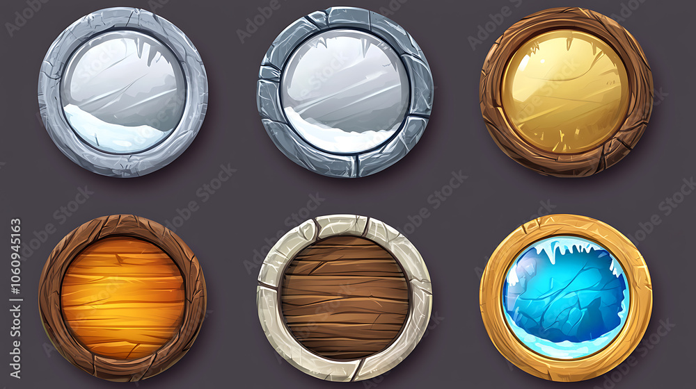 Poster set of round ui game frames, textured circles made of silver, gold, metal with snow, wood or stone m