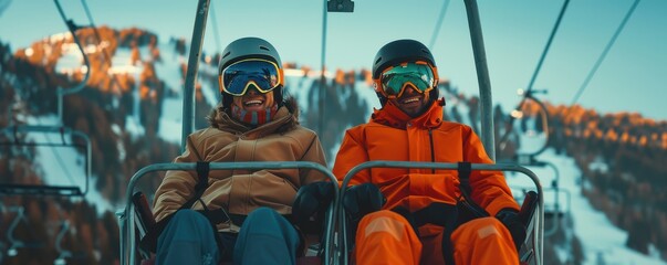Family on a ski lift enjoying the snowy mountain landscape, ideal for winter sports and travel promotion.