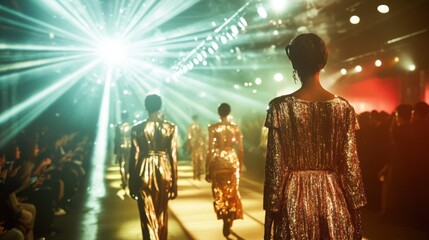 A glamorous fashion show featuring models adorned in gold and silver metallic outfits, strutting down the runway. 