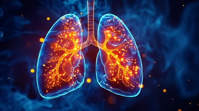 A stunning illustration of human lungs bathed in glowing colors, revealing the complex structure and function of the respiratory system amidst swirling particles