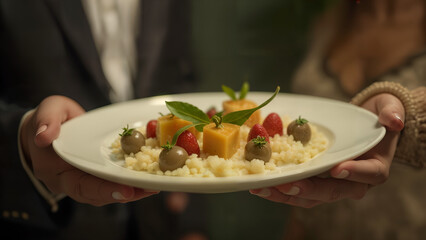 A Sophisticated Scene of a Man and Woman Each Holding a Beautifully Arranged White Plate Filled with Artistic Culinary Delights, Reflecting Fine Dining Elegance