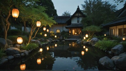 Obraz premium A quiet garden lit by lanterns with a small koi pond