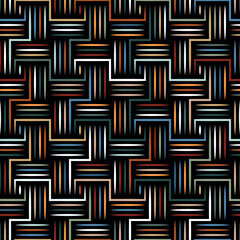 A multicolored geometric composition of thin, vertical, and horizontal interlaced lines on a black background. It has a modern, trendy style and a seamless repeating pattern.