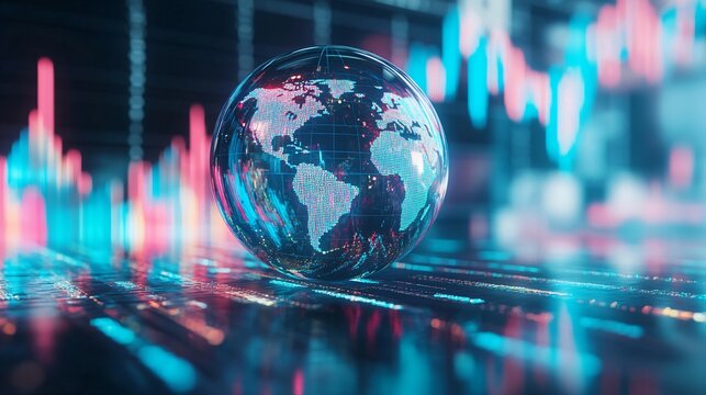 A glass globe with the world inside, placed on top of an abstract stock market graph in blue tones The background is white and features a line chart going up