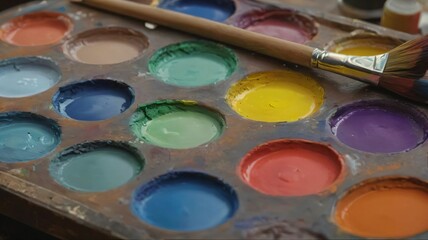 Closeup of a painters palette with vibrant colors blending