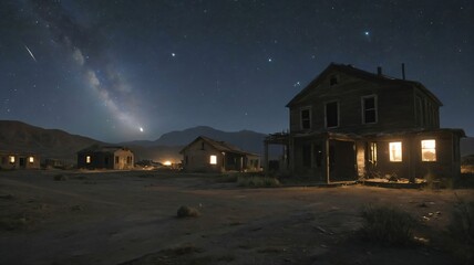 Nighttime meteor shower over an abandoned ghost town