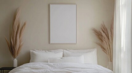 Blank White Poster in Frame Hanging Over Cozy Bedroom, Warm and Inviting Interior, mockup