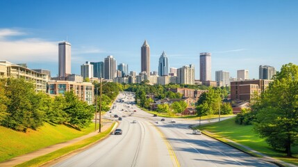 A vibrant city skyline with modern buildings under a clear blue sky.