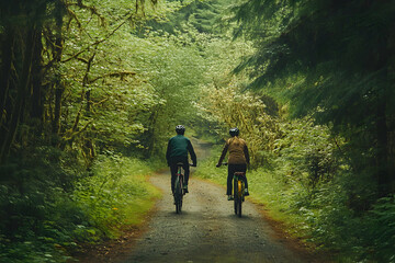 Obraz premium Couple biking through a lush green forest trail on a sunny afternoon adventure