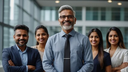 Group of Happy Multiethnic Indian Team of Female and Male Managers, Specialists and Business Professionals Posing for Camera and Smiling. Portrait of a Confident South Asian Team Leader
