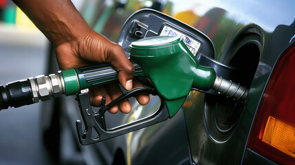 Hand refilling gasoline into a car. Gas pump nozzle into a car at gas station. Fuel price increase. Fuel subsidy removal. Increase in oil price.