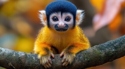 Fototapeta premium A cute, baby squirrel monkey with black hair and a pink nose, sitting on a branch, looking directly at the camera.