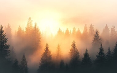 Fototapeta premium Sunrise Over Foggy Forest with Golden Light