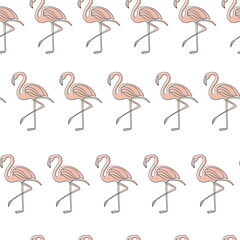 Fototapeta premium Tropical seamless pattern with outlined flamingos on white background