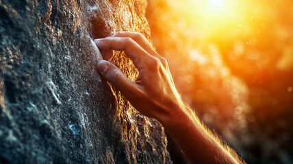 Hand gripping rock. Mountain climbing adventure experience. challenge and growth