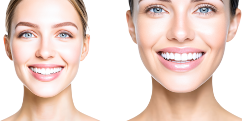 Collage of perfect female face with beautiful smile and healthy skin isolated on white background teeth whitening dental care concept perfect smile beautiful woman with white teeth skin care