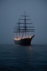 Fototapeta premium A Tall-Masted Ship Sailing Through Fog At Night