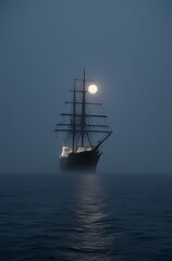 Fototapeta premium A Silhouetted Sailboat Navigates the Misty Ocean Under a Full Moon
