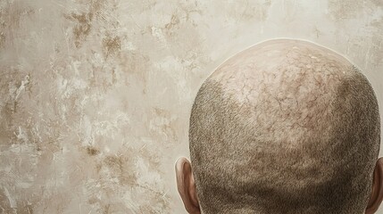 A close-up of a man's scalp showcasing various patterns of baldness, with smooth skin contrasting against a few remaining strands of hair