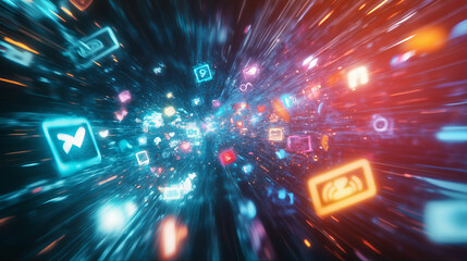 Fototapeta premium Chaotic social media chatbot burst, chatting media, social networking, digital technology, internet, information flow, ai data mining and fragmentation, multilevel marketing, quantum technology