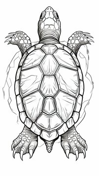 Detailed Black and White Illustration of a Turtle. Top view