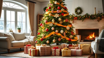 Warm Cozy Christmas Tree Decorated Ornaments Gifts Fireplace Celebration