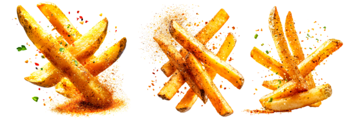 French Fries Potato Wedges with Seasoning and Herbs Falling or Flying in the Air Isolated on White Background Fast Food Restaurant Menu Item Tasty Snack American Classic Dish Crispy Fried Potatoes