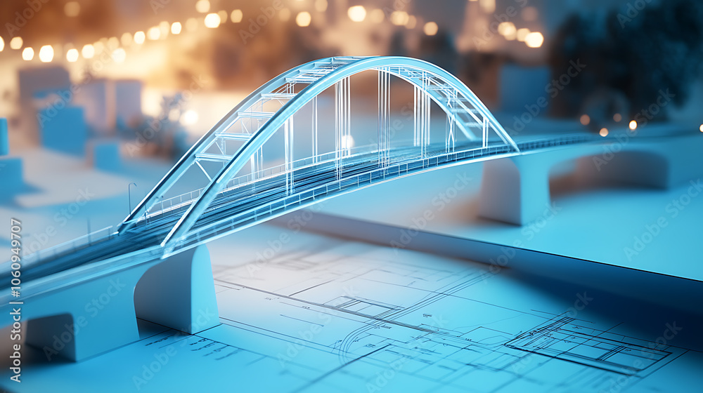 Aufkleber vision of architecture of a 3d model bridge project with blueprint