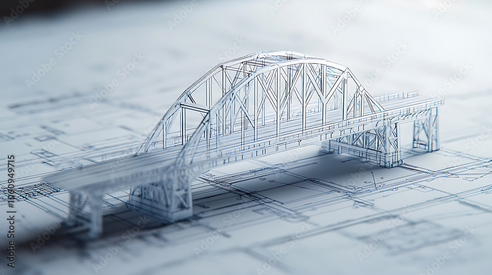 Aufkleber vision of architecture of a 3d model bridge project with blueprint