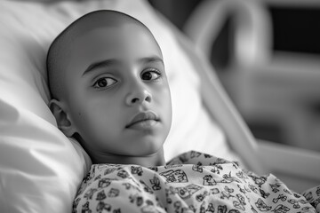 Close-up of a child lying in a hospital bed, looking contemplative and calm, highlighting the hospital environment and patient care.
