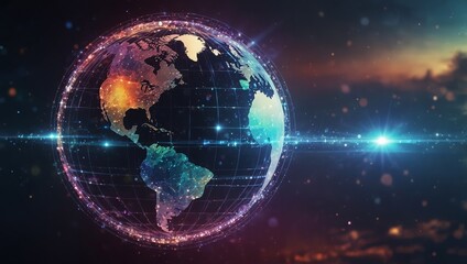 Naklejka premium Image of circles with circles around globe and lens flares over abstract background. Digitally generated, hologram, illustration, globalization, telecommunication and technology concept