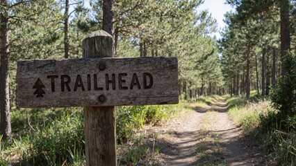 Rustic trailhead signpost in pine forest