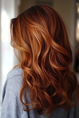 Naklejka premium Vibrant red hair with soft curls cascading elegantly, perfect for showcasing hairstyling and beauty concepts.