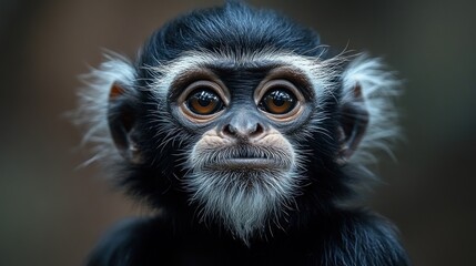 Fototapeta premium Close-up portrait of a young black and white colobus monkey with big brown eyes looking directly at the camera.