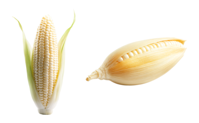 Fresh white corn cob partially peeled with kernels exposed isolated on white background agriculture maize vegetable food ingredient sweetcorn healthy eating organic produce farm fresh GMO free