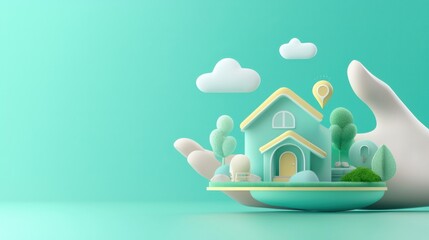 A whimsical, stylized house held in a hand against a teal background, surrounded by trees and clouds, symbolizing care and protection.