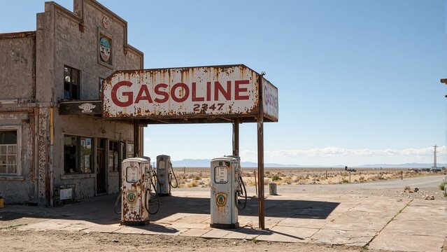 Vintage gas station sign with Gasoline 247 in faded red letters rustic pumps and open desert highway - Powered by Adobe