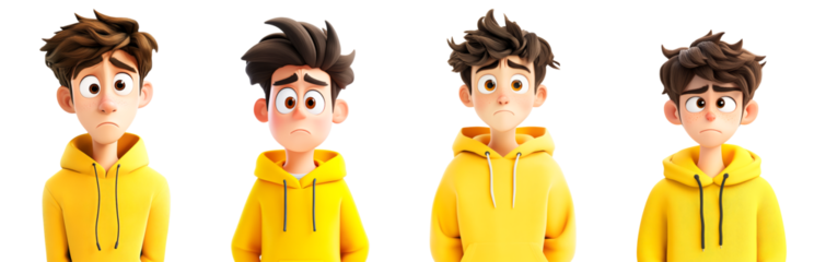 3D Cartoon Character Sad Boy Wearing Yellow Hoodie Different Poses Emotions Mental Health Awareness Loneliness Depressed Frustrated Disappointed Upset Teenager Adolescent Child Isolated on White