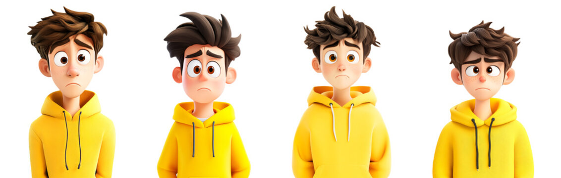 3D Cartoon Character Sad Boy Wearing Yellow Hoodie Different Poses Emotions Mental Health Awareness Loneliness Depressed Frustrated Disappointed Upset Teenager Adolescent Child Isolated on White