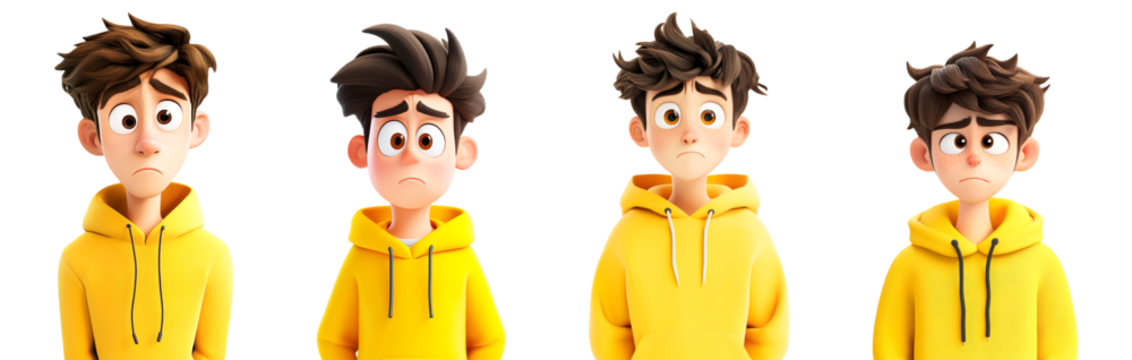 3D Cartoon Character Sad Boy Wearing Yellow Hoodie Different Poses Emotions Mental Health Awareness Loneliness Depressed Frustrated Disappointed Upset Teenager Adolescent Child Isolated on White