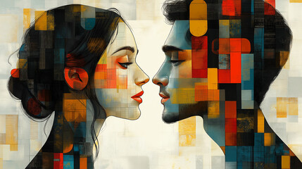 Abstract portrait of couple facing each other in geometric colors