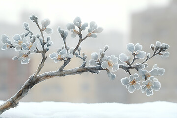 A delicate, frosted branch with blossoms emerges against a soft background, creating a serene winter scene.