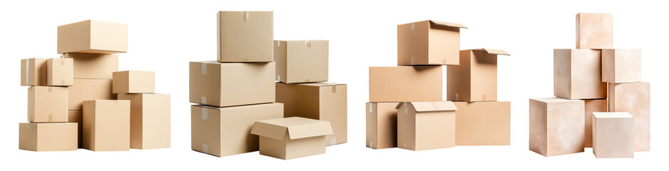 Cardboard boxes stacks delivery packaging transportation shipping warehouse storage logistics distribution service isolated on white background moving house office relocation ecommerce retail online